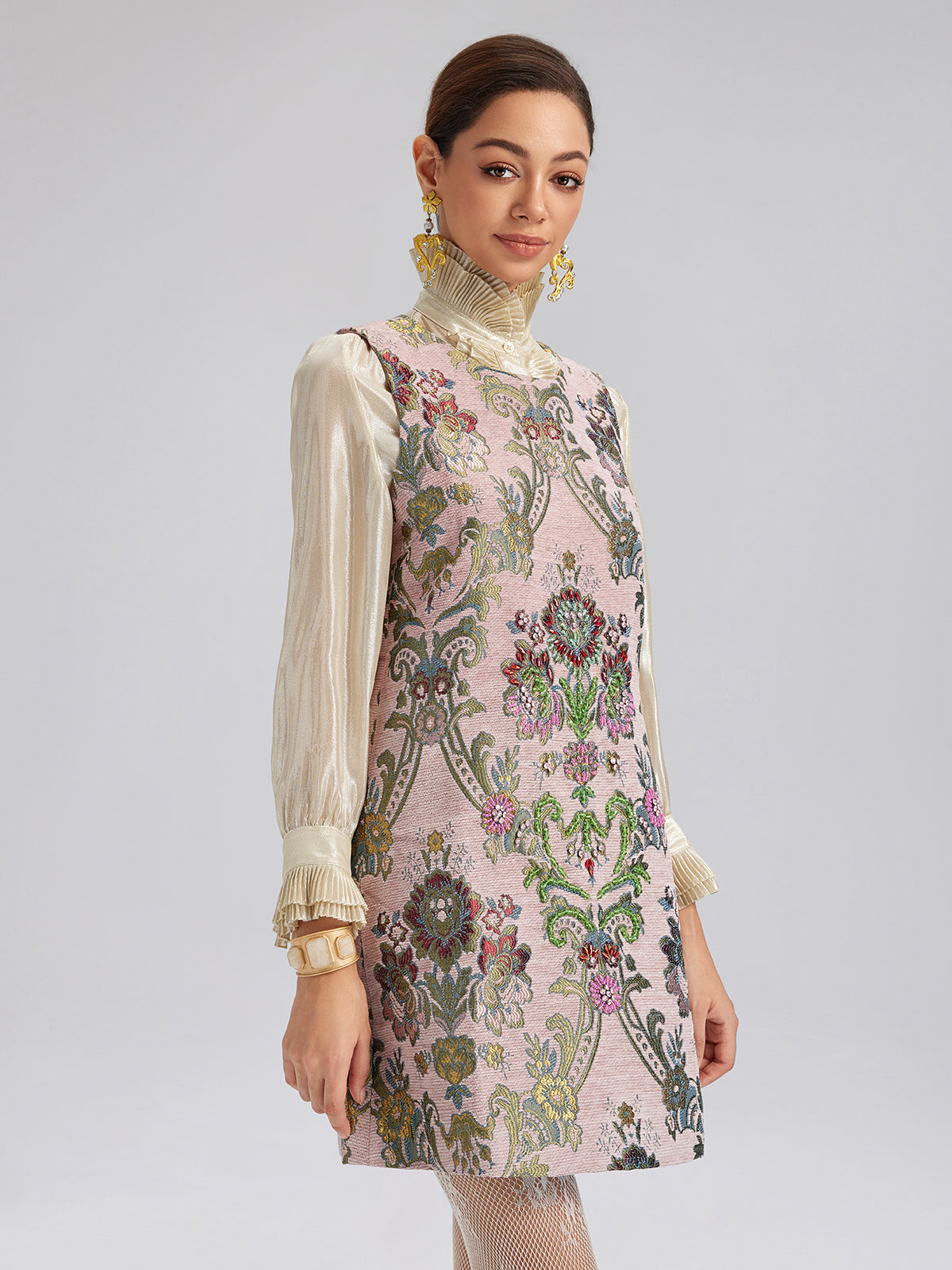Hand-Beaded Embroidered Silk-Textured Dress