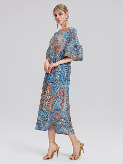 Pleated Beaded Floral Print Dress