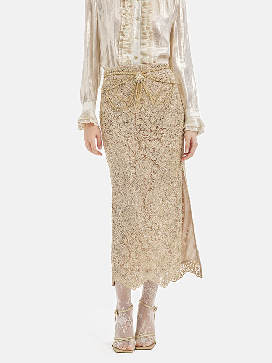 French Gold Lace Slit Skirt (With Waist Chain)