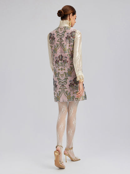 Hand-Beaded Embroidered Silk-Textured Dress