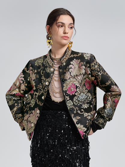 Baroque-Collar Beaded Jacquard Jacket