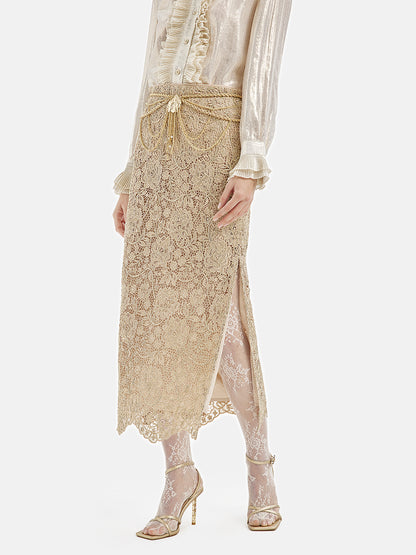 French Gold Lace Slit Skirt (With Waist Chain)