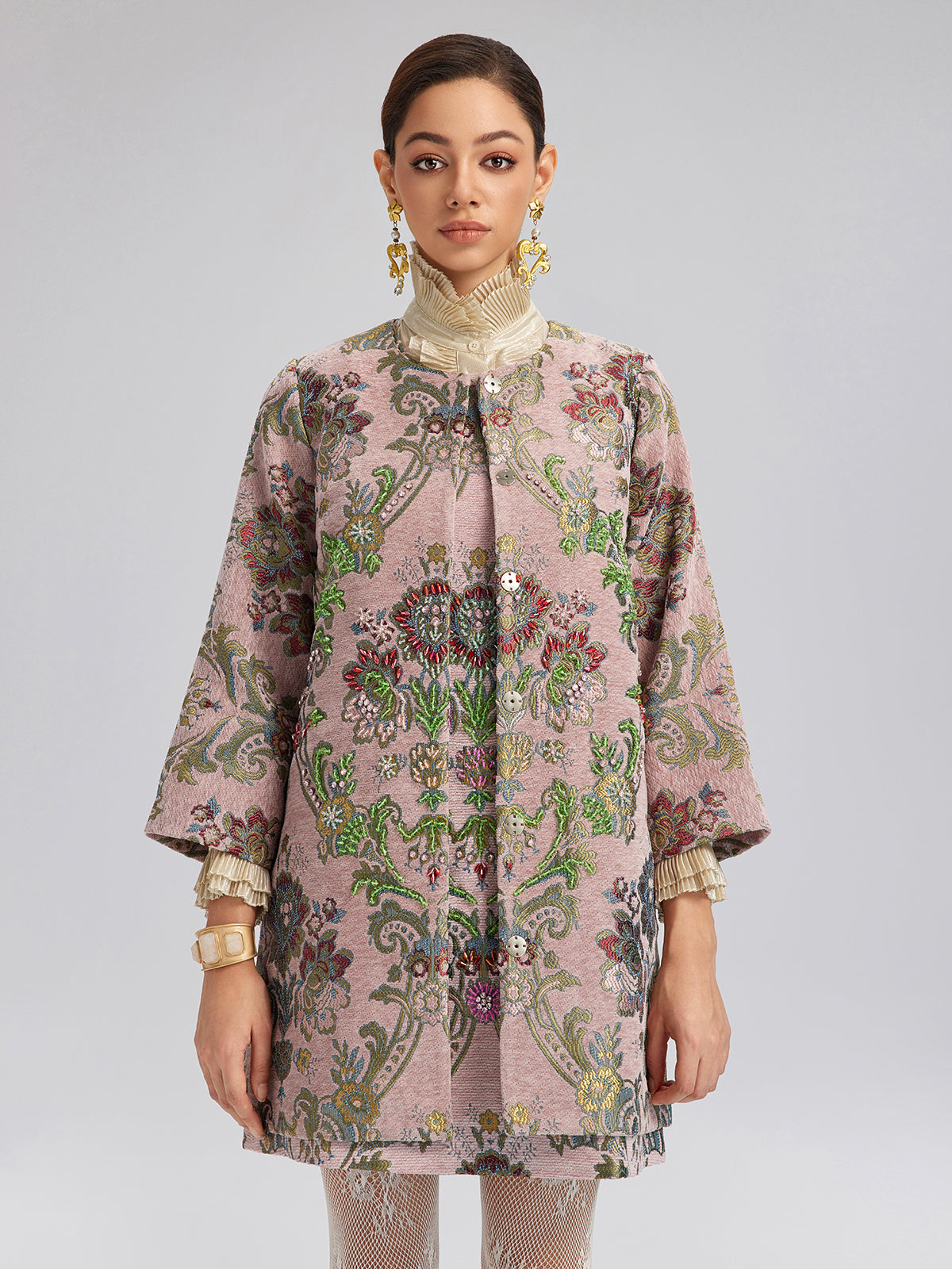Hand-Beaded Embroidered Silk-Textured Jacket