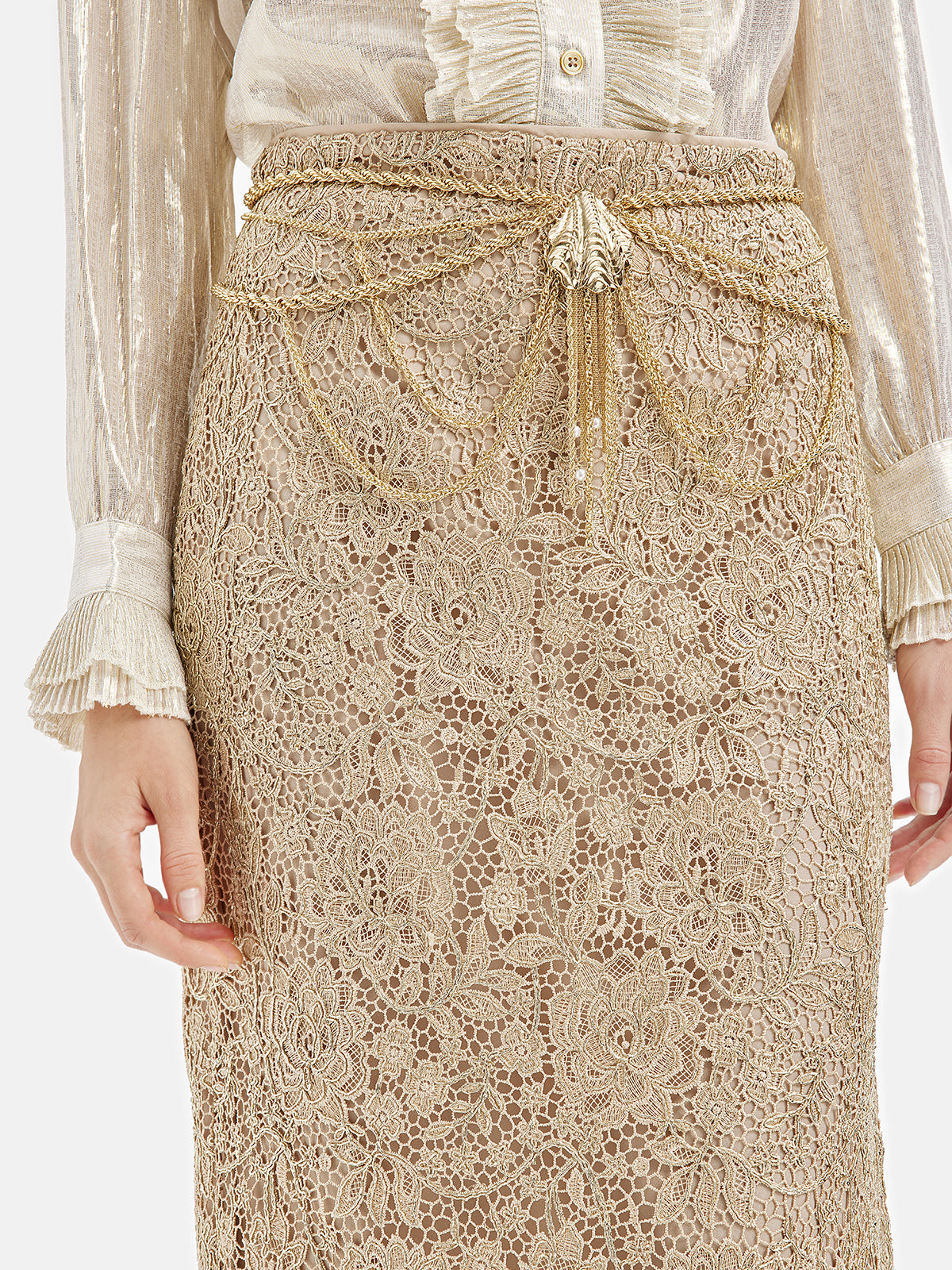 French Gold Lace Slit Skirt (With Waist Chain)