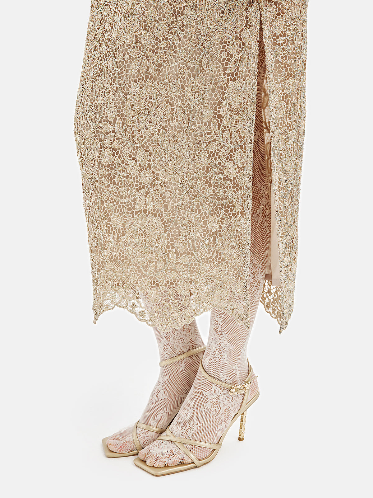 French Gold Lace Slit Skirt (With Waist Chain)