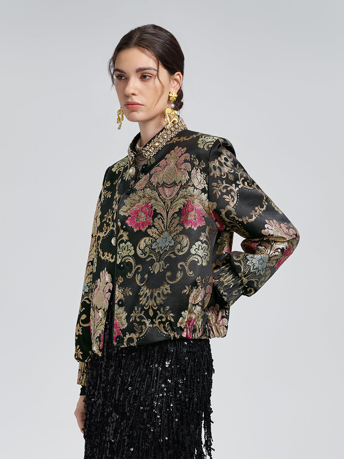 Baroque-Collar Beaded Jacquard Jacket