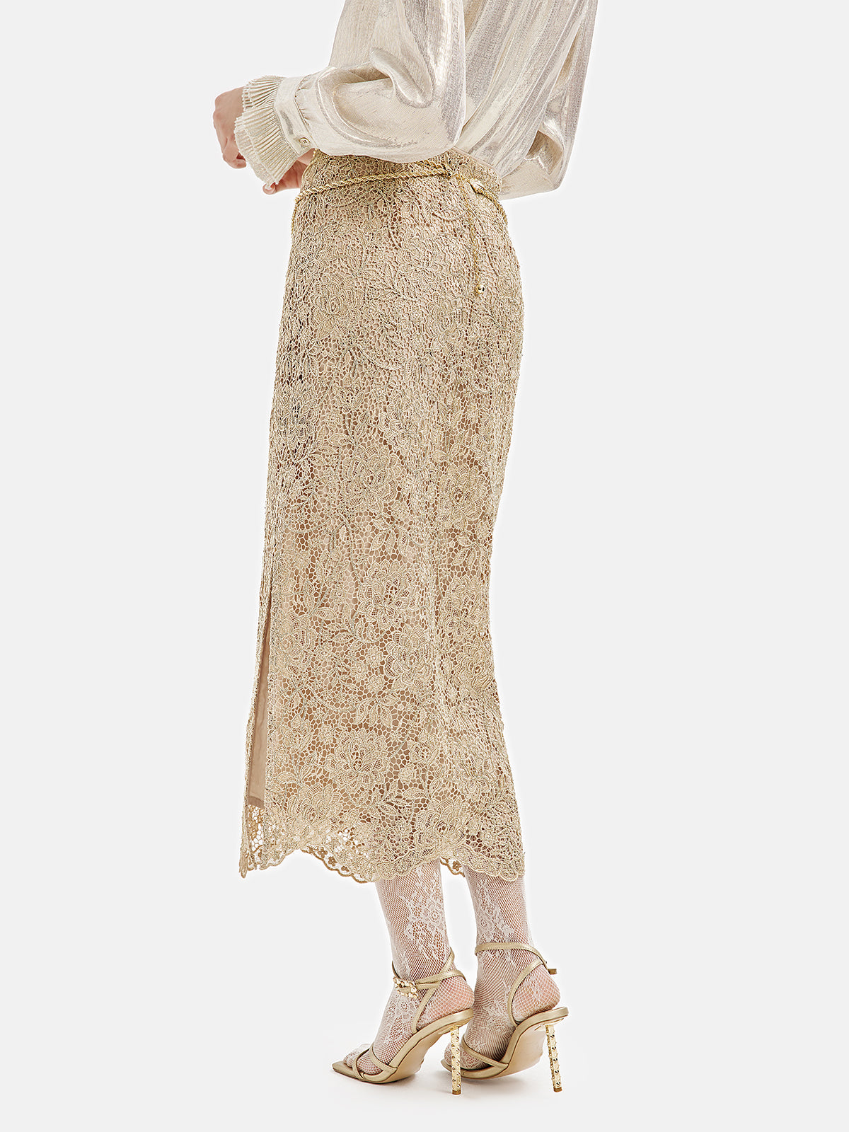 French Gold Lace Slit Skirt (With Waist Chain)