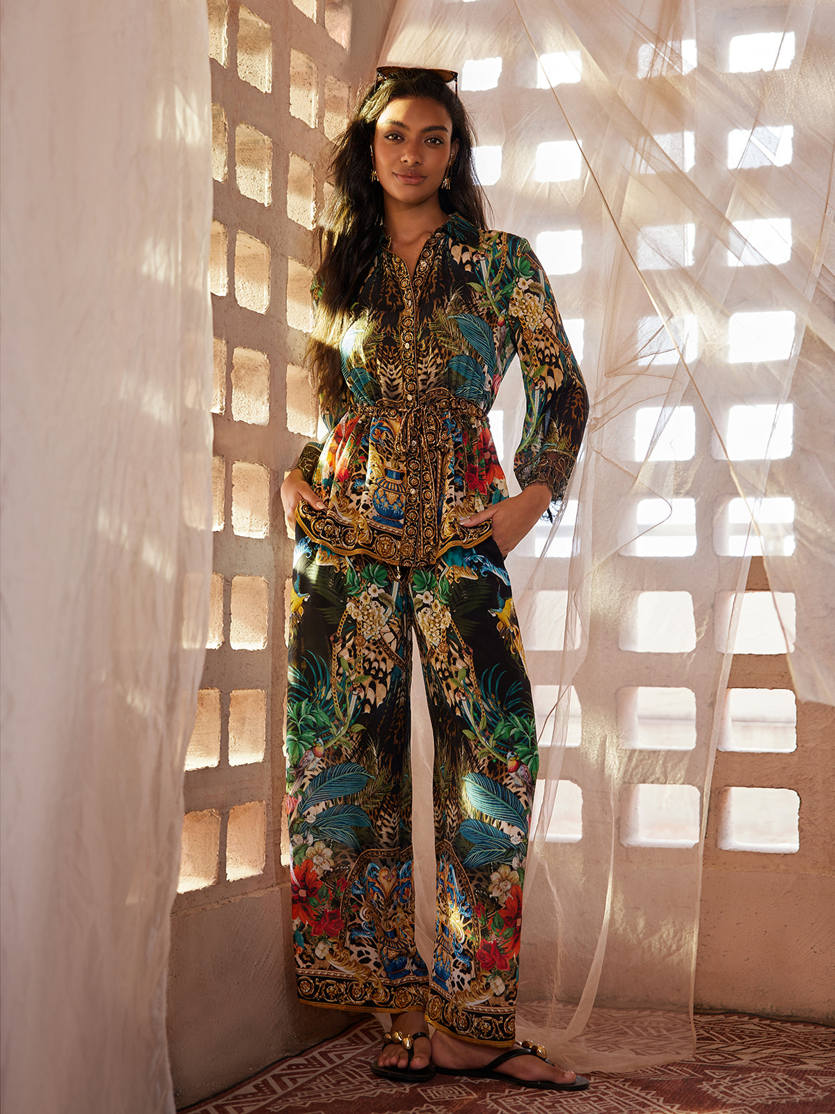 100% Silk Rhinestone Leopard Floral Shirt