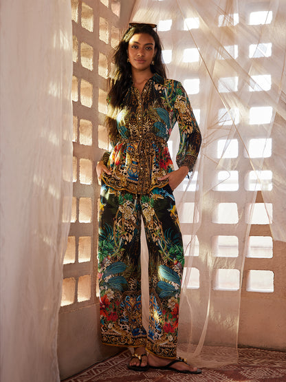 100% Silk Rhinestone Leopard Floral Shirt