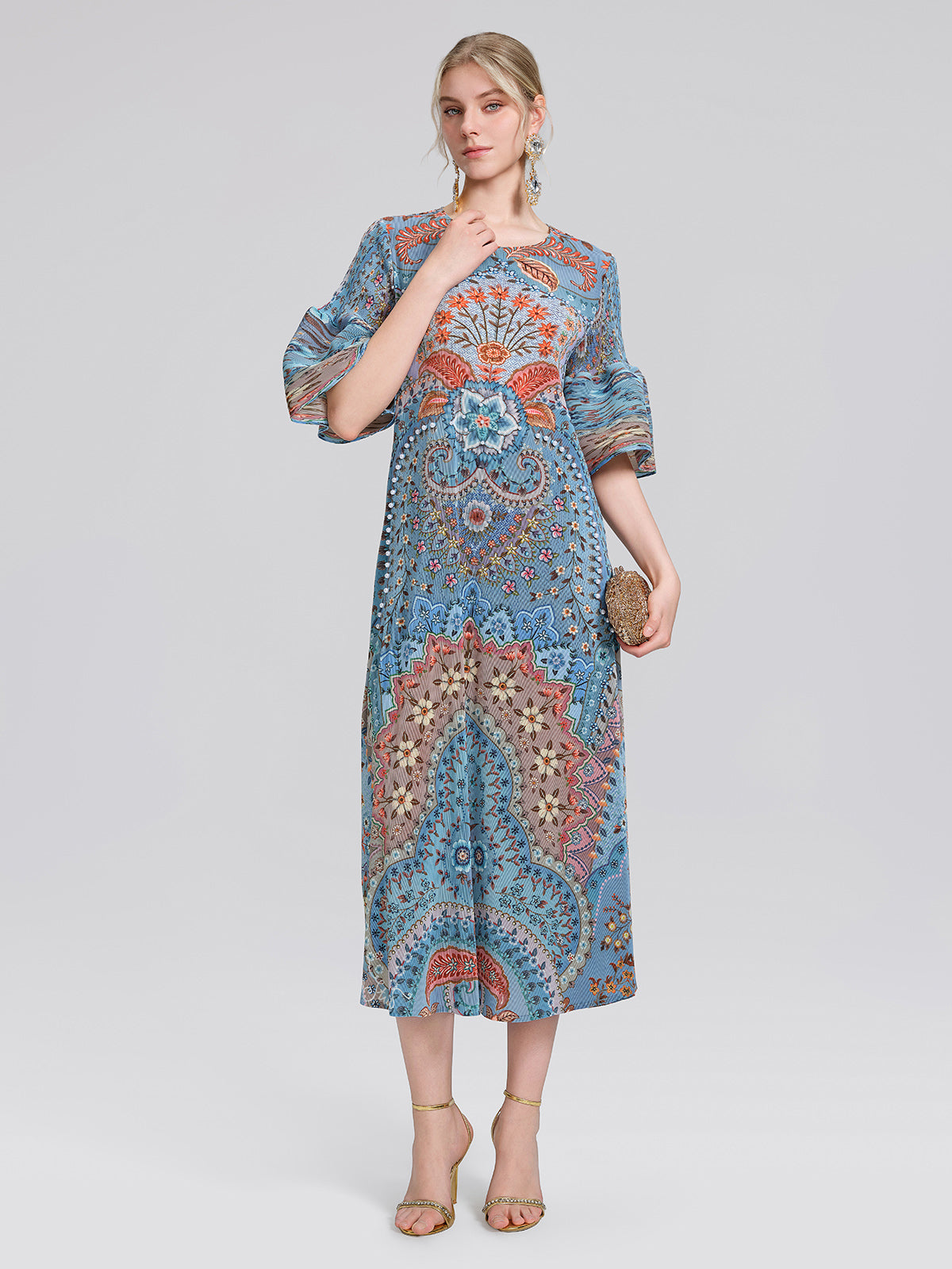 Pleated Beaded Floral Print Dress