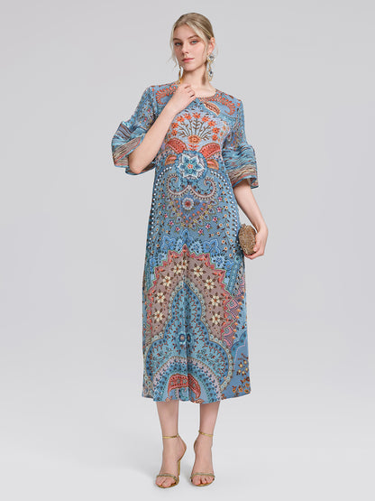 Pleated Beaded Floral Print Dress