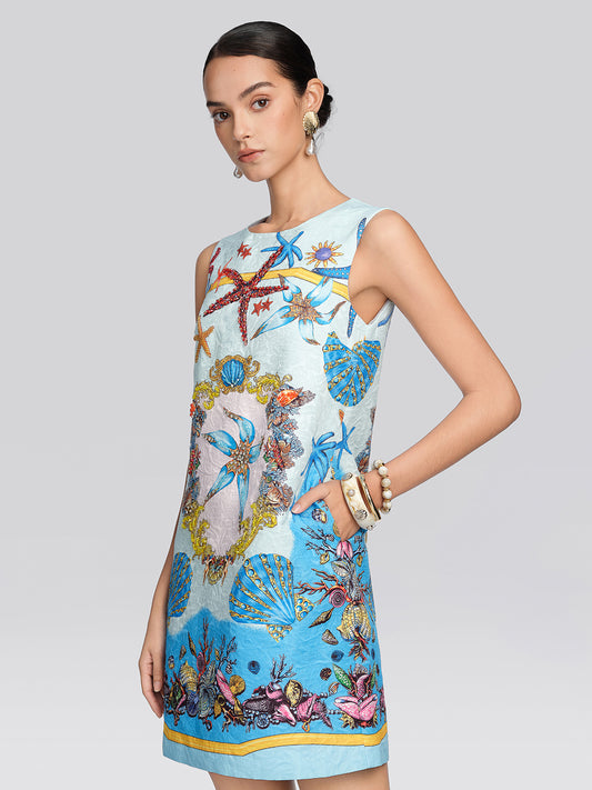 Hand Beaded Ocean Baroque Print Dress