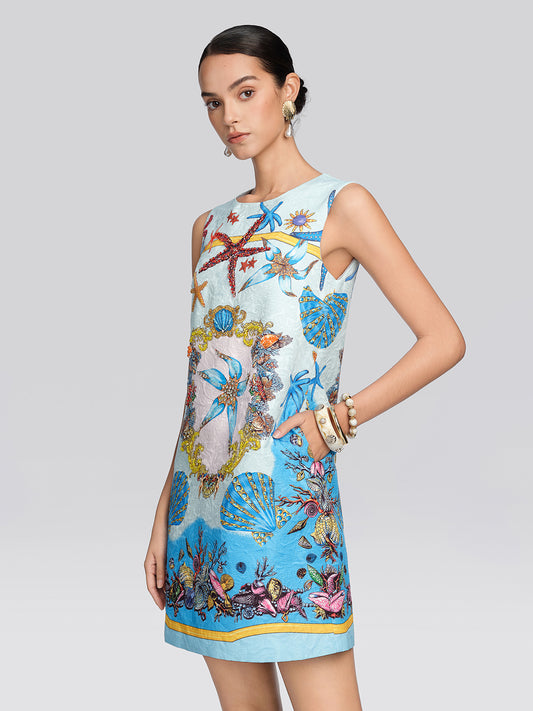Hand Beaded Ocean Baroque Print Dress