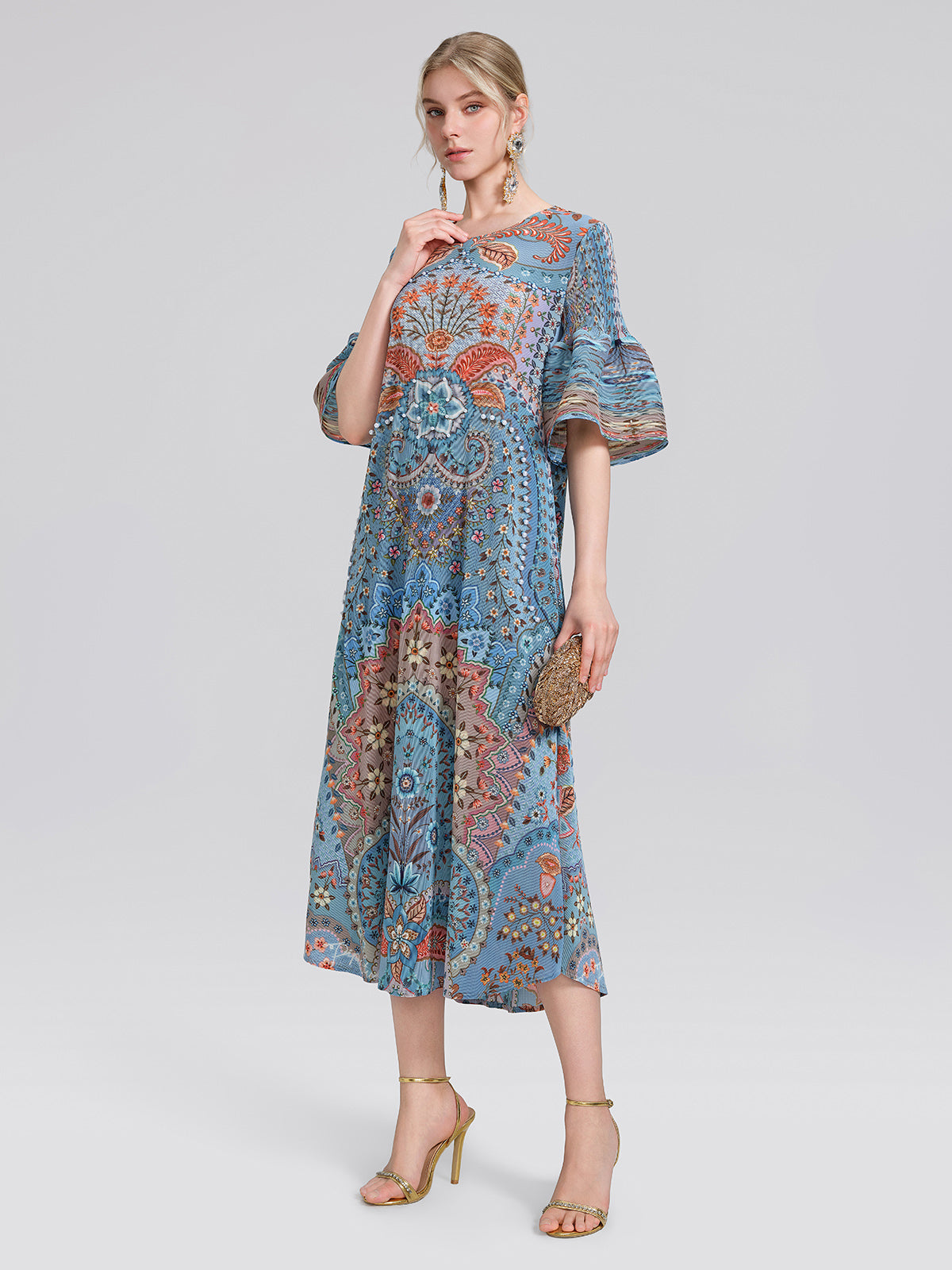 Pleated Beaded Floral Print Dress