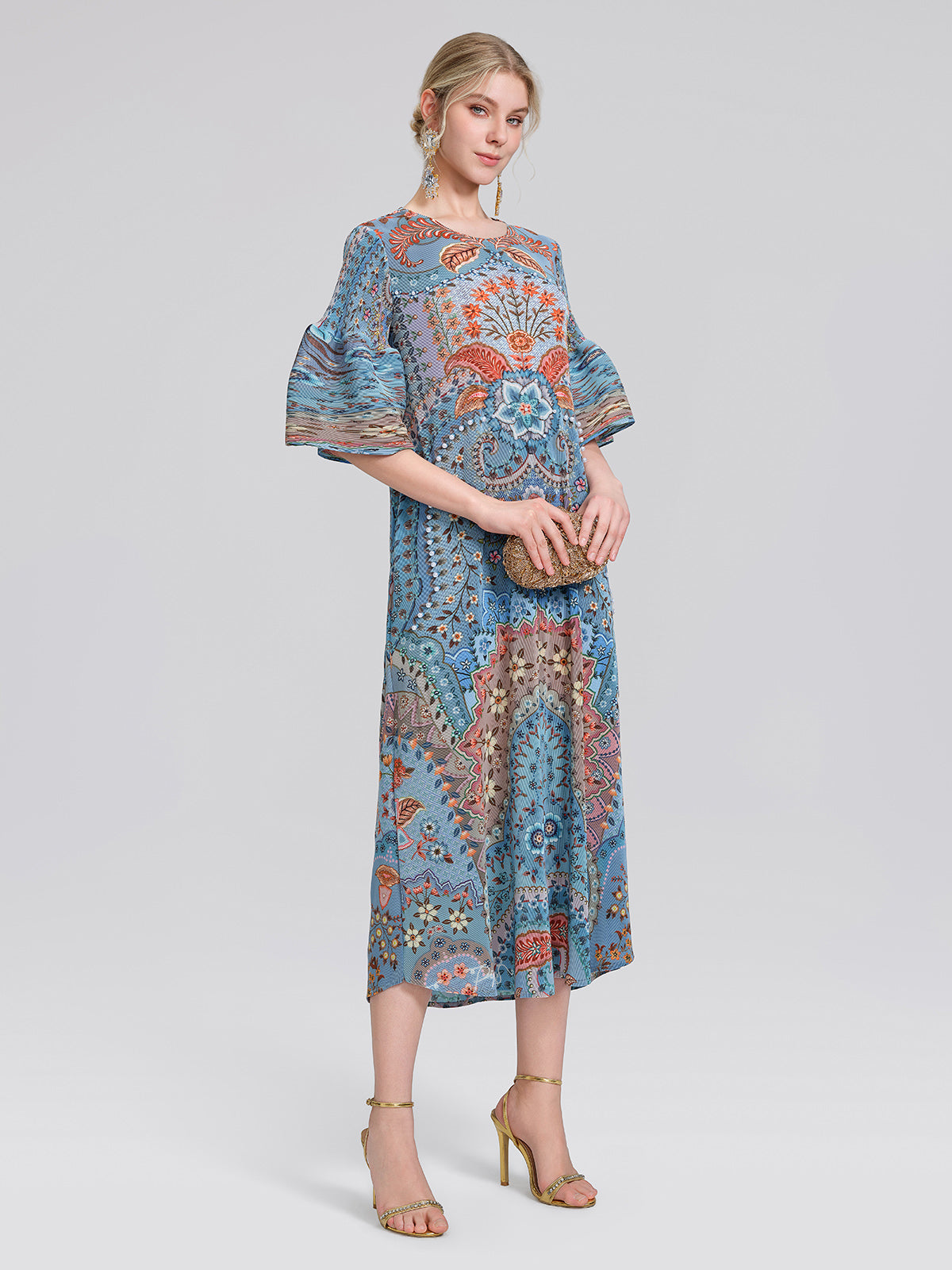 Pleated Beaded Floral Print Dress