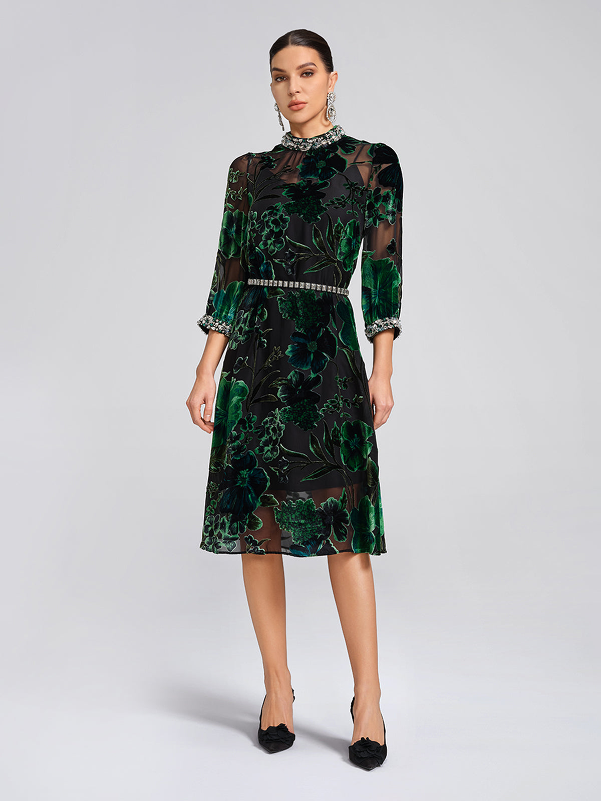 Flocked Burnout Floral Dress (Belt & Slip Dress Included)