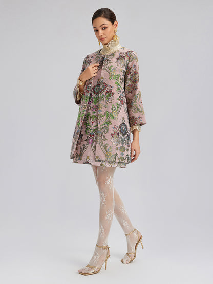 Hand-Beaded Embroidered Silk-Textured Jacket