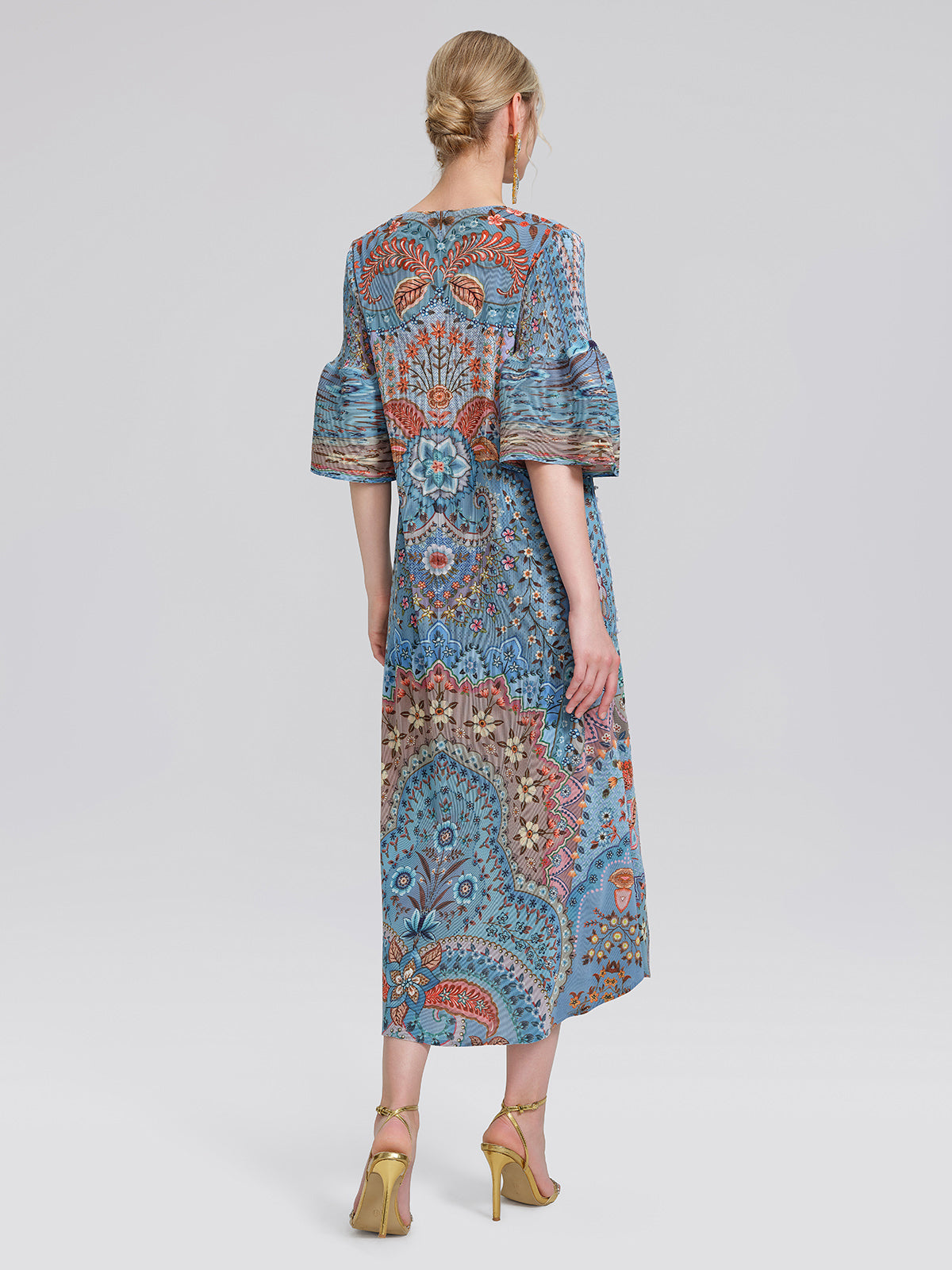 Pleated Beaded Floral Print Dress