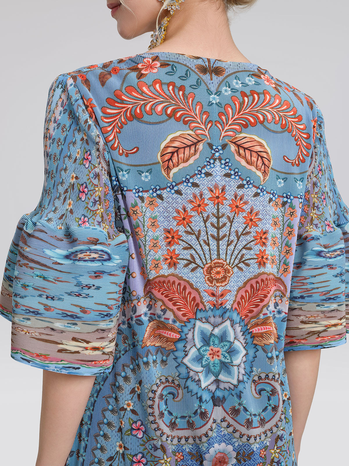 Pleated Beaded Floral Print Dress