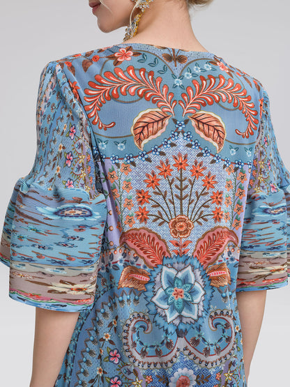 Pleated Beaded Floral Print Dress