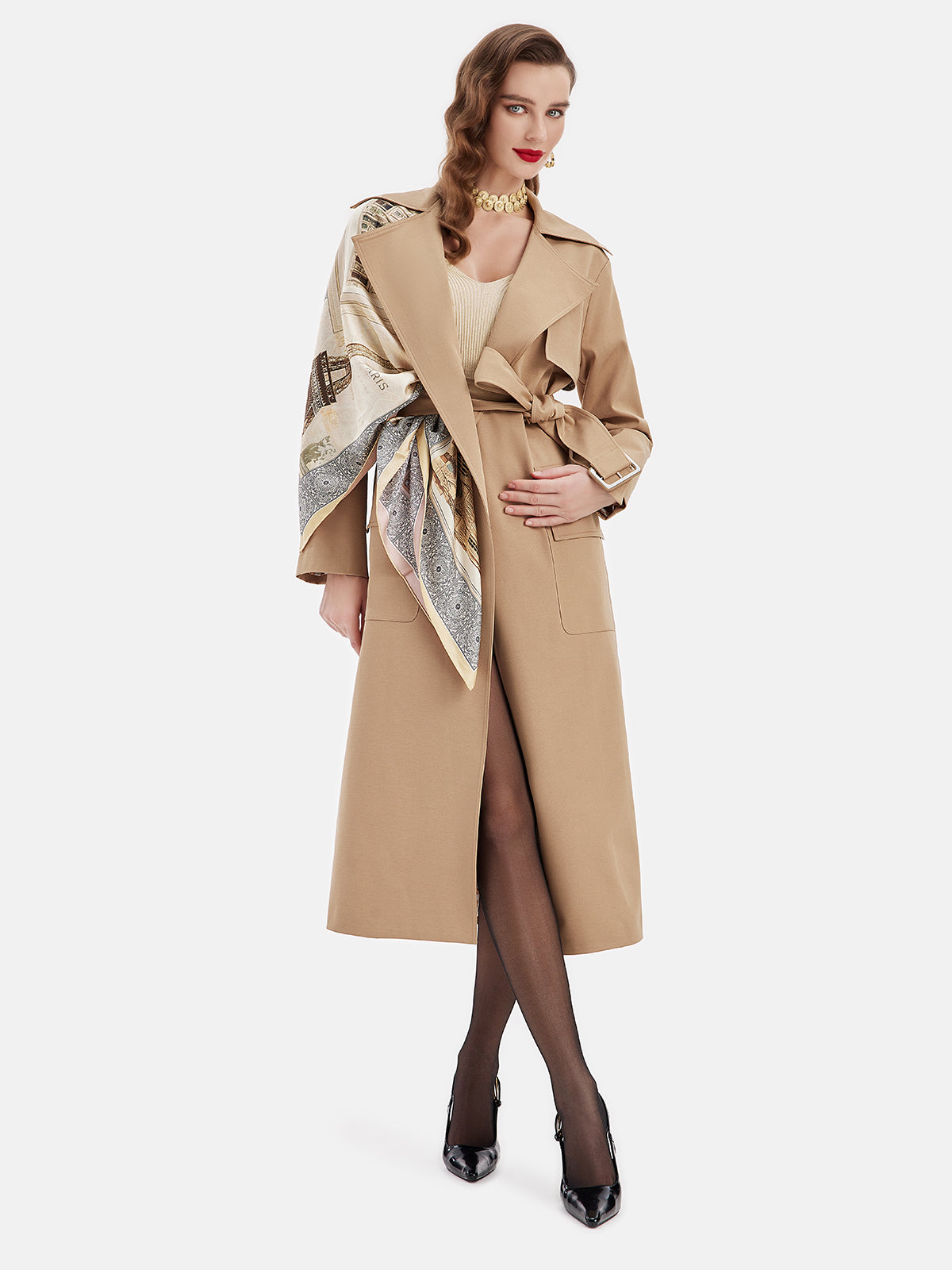 Wool Blend Wide Lapel Overcoat With Scarf