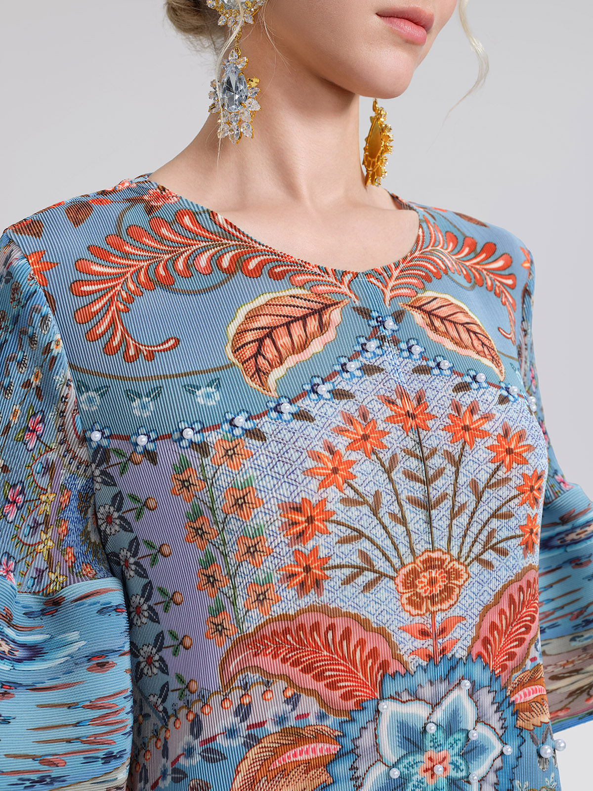 Pleated Beaded Floral Print Dress