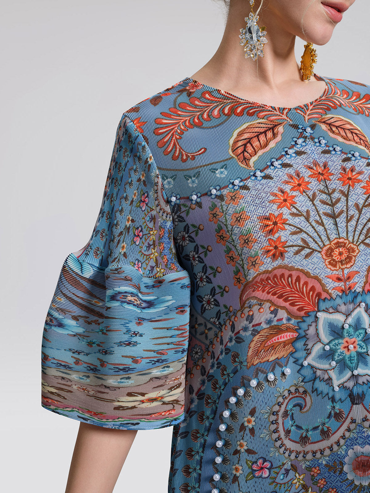 Pleated Beaded Floral Print Dress