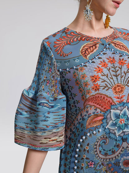 Pleated Beaded Floral Print Dress
