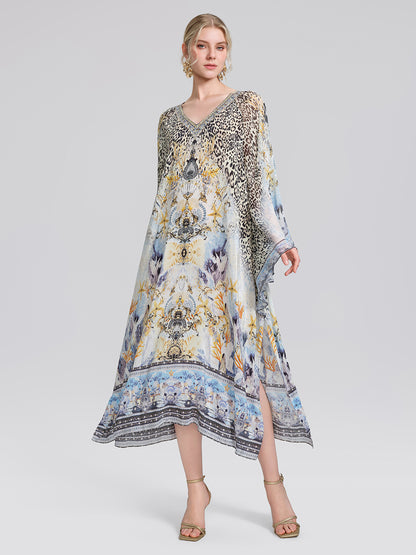 100% Silk Vintage Print Batwing Sleeve Dress(Waist Tie, Scrunchie & Headscarf Included)