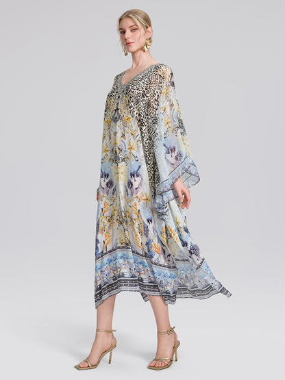 100% Silk Vintage Print Batwing Sleeve Dress(Waist Tie, Scrunchie & Headscarf Included)
