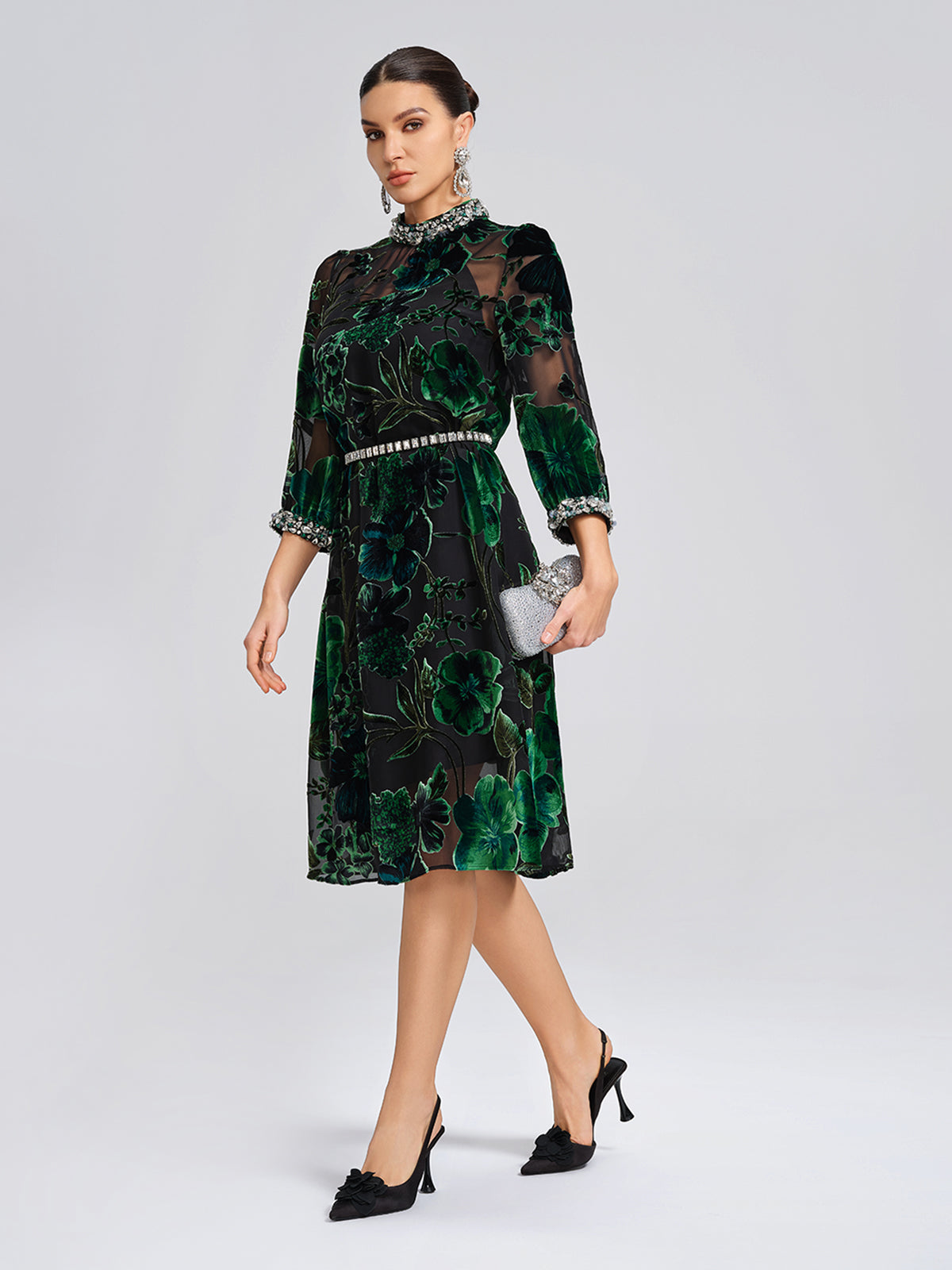 Flocked Burnout Floral Dress (Belt & Slip Dress Included)