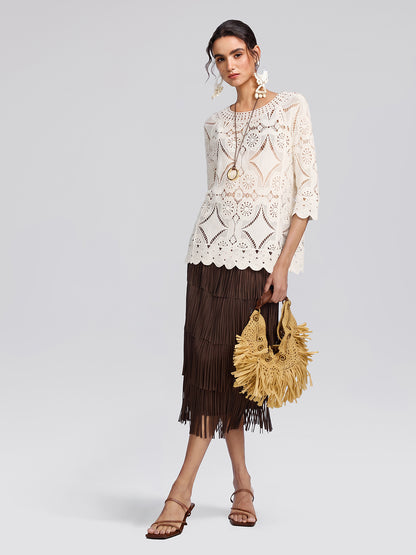 Crochet Lace Cutwork Wave Hem Flared Sleeve Top