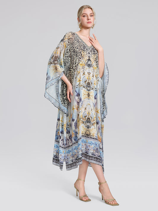 100% Silk Vintage Print Batwing Sleeve Dress(Waist Tie, Scrunchie & Headscarf Included)
