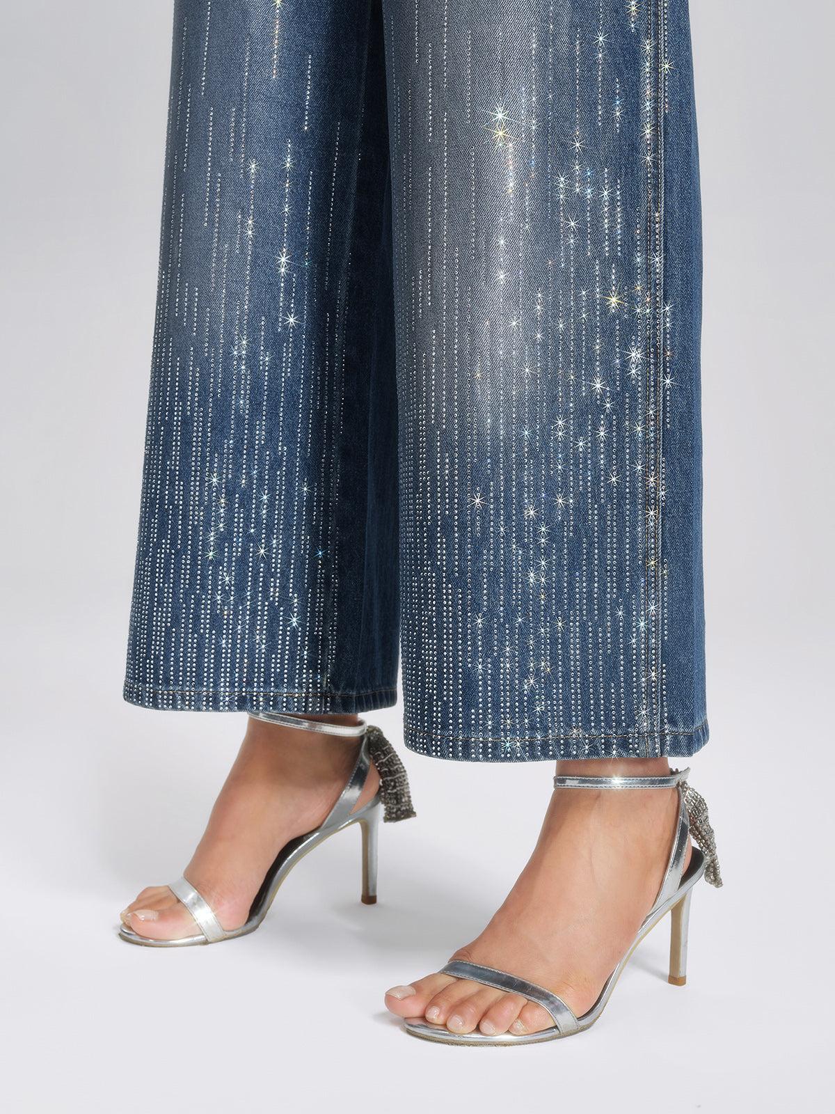 Silver-Washed Rhinestone Wide-Leg Jeans