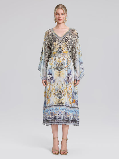 100% Silk Vintage Print Batwing Sleeve Dress(Waist Tie, Scrunchie & Headscarf Included)