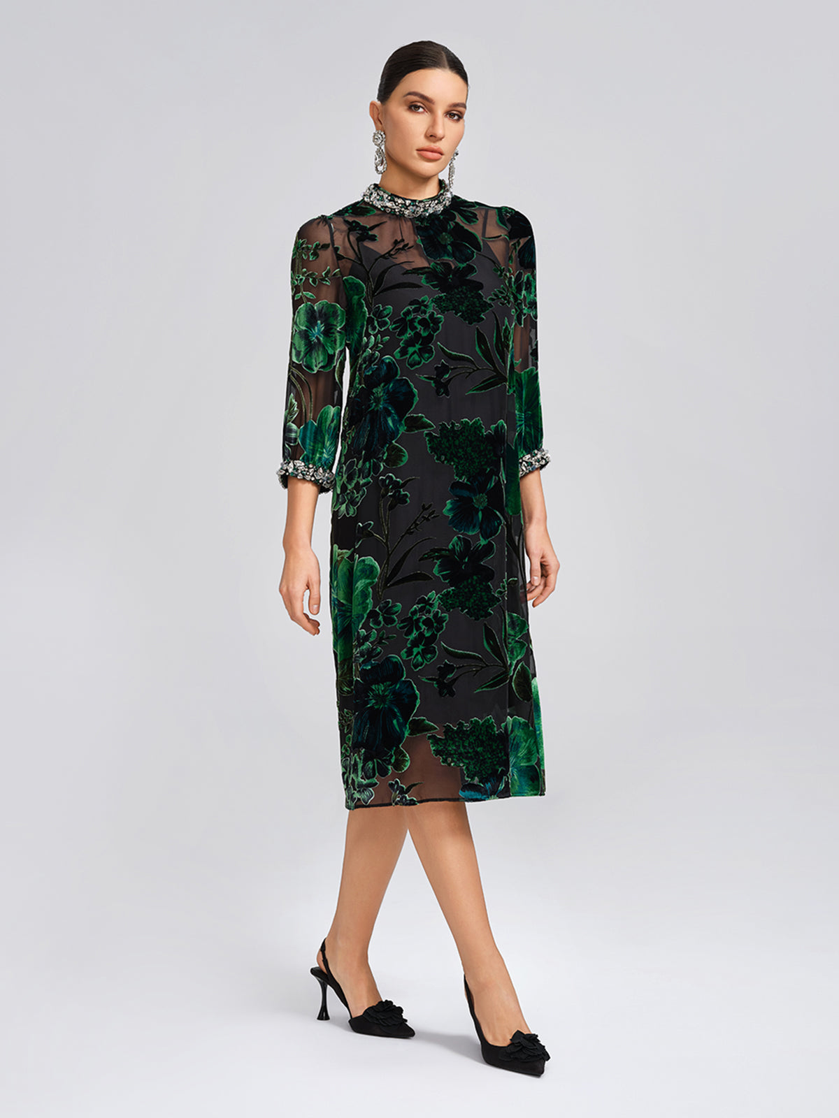 Flocked Burnout Floral Dress (Belt & Slip Dress Included)
