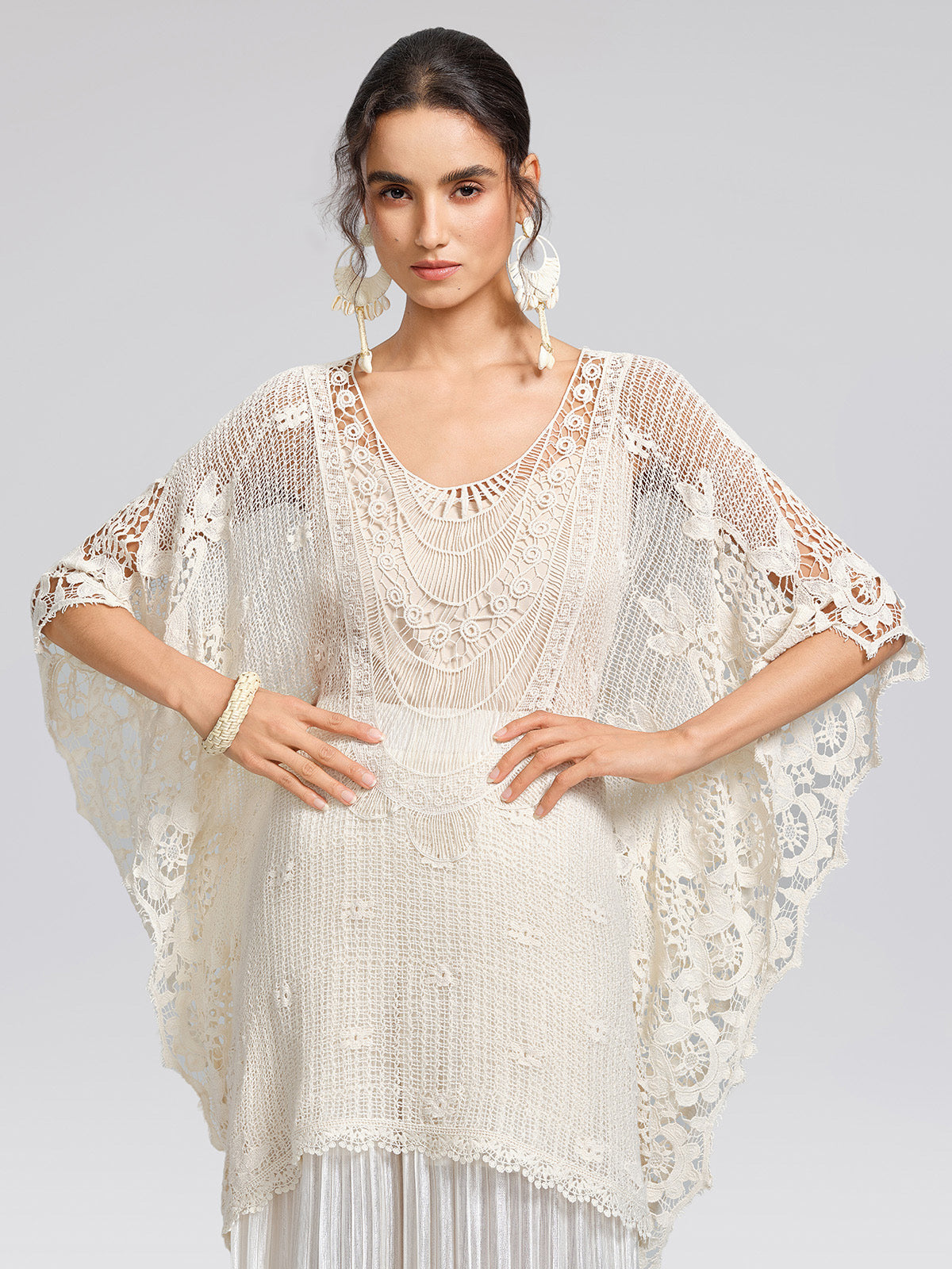 100% Cotton Lace Floral Cape Cover-Up