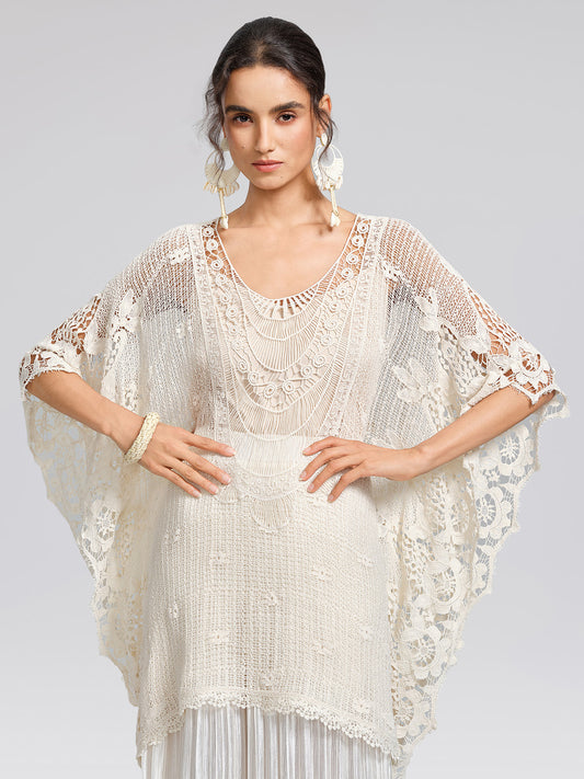 100% Cotton Lace Floral Cape Cover-Up