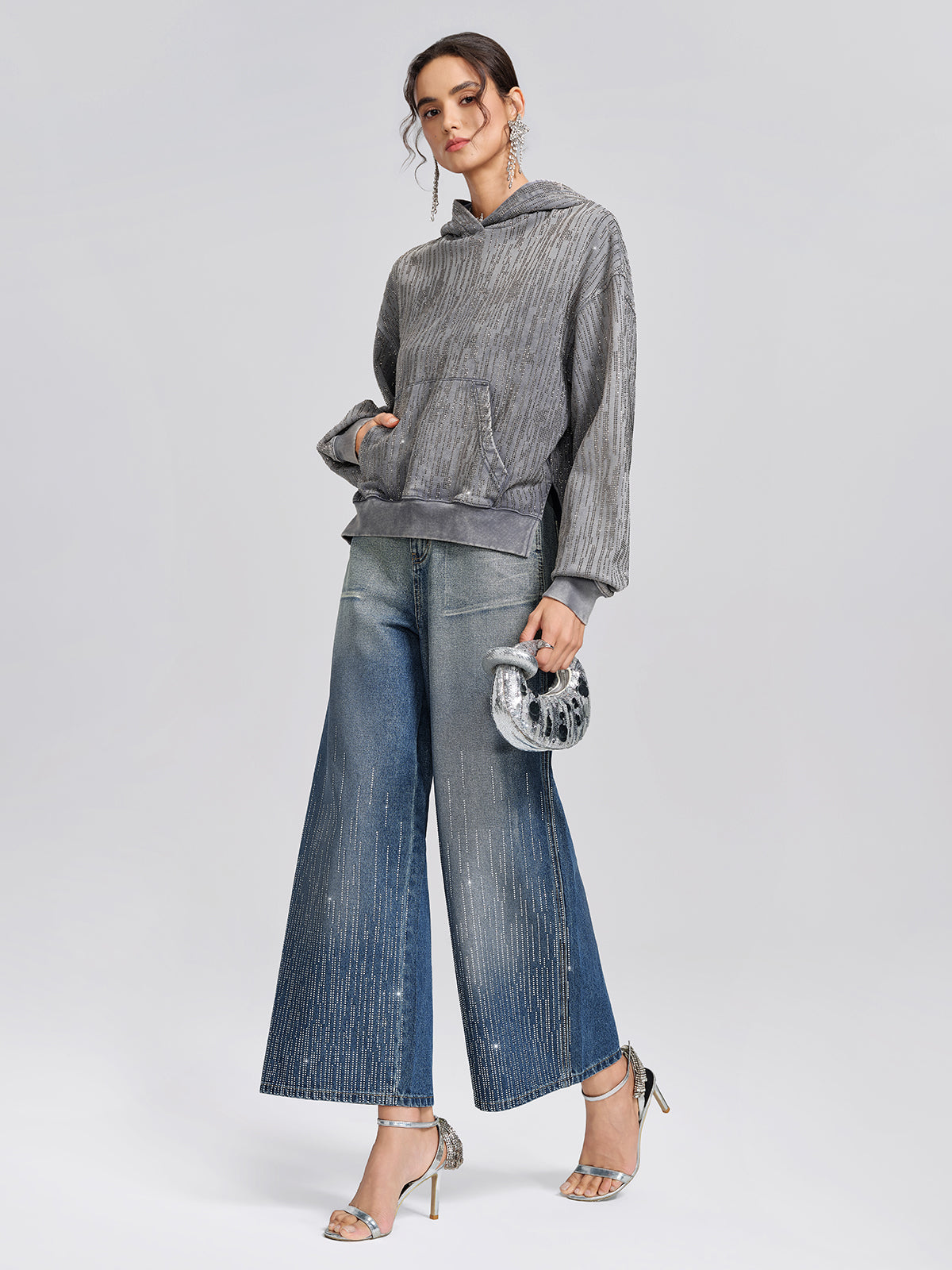 Silver-Washed Rhinestone Wide-Leg Jeans
