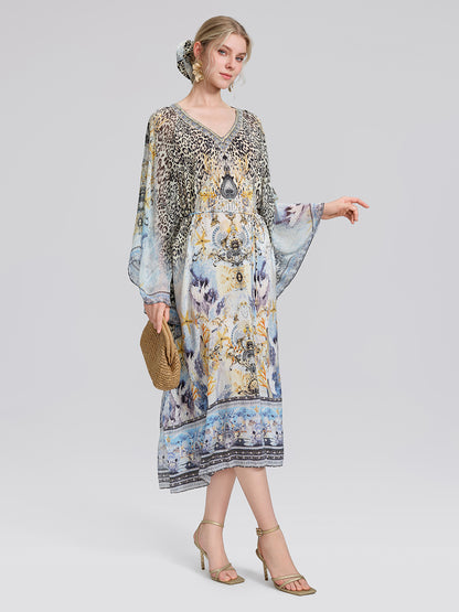 100% Silk Vintage Print Batwing Sleeve Dress(Waist Tie, Scrunchie & Headscarf Included)