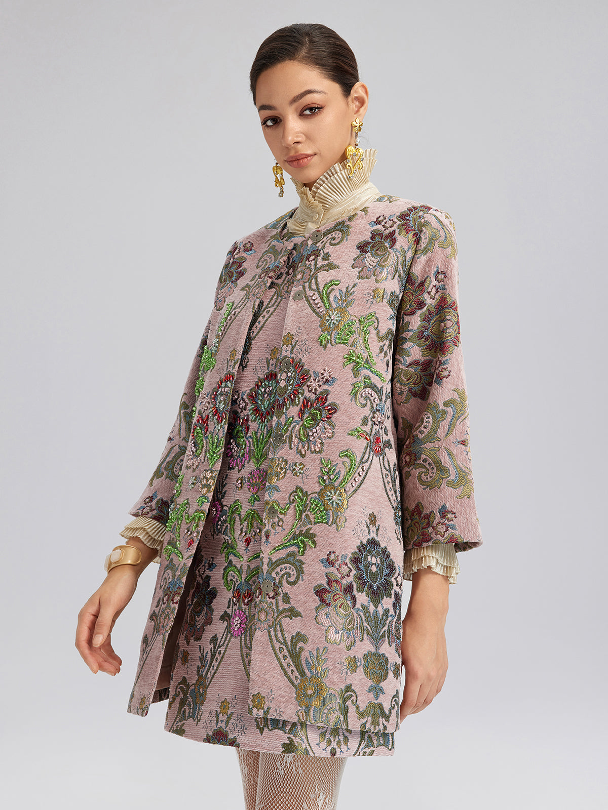 Hand-Beaded Embroidered Silk-Textured Jacket