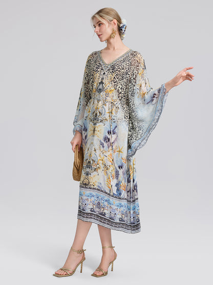 100% Silk Vintage Print Batwing Sleeve Dress(Waist Tie, Scrunchie & Headscarf Included)