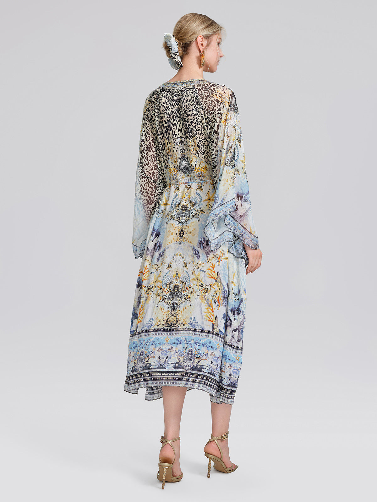 100% Silk Vintage Print Batwing Sleeve Dress(Waist Tie, Scrunchie & Headscarf Included)