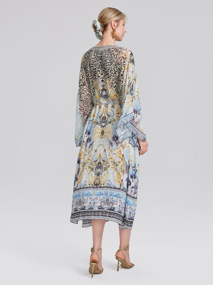 100% Silk Vintage Print Batwing Sleeve Dress(Waist Tie, Scrunchie & Headscarf Included)