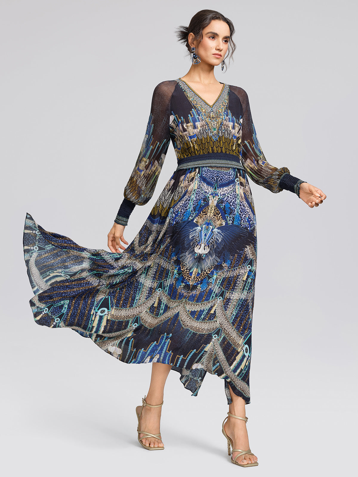 100% Silk Peacock Leopard Print Beaded Dress