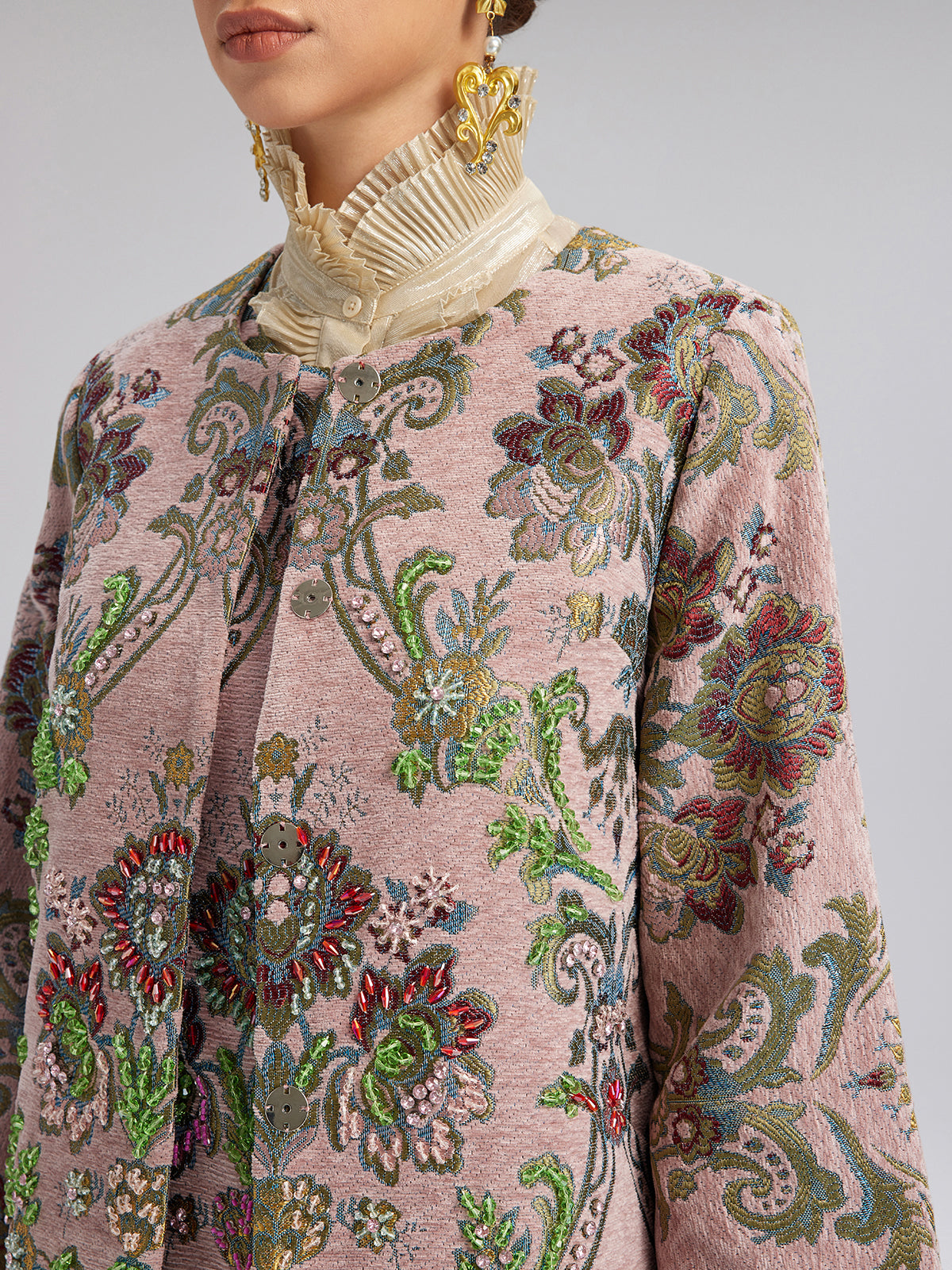Hand-Beaded Embroidered Silk-Textured Jacket