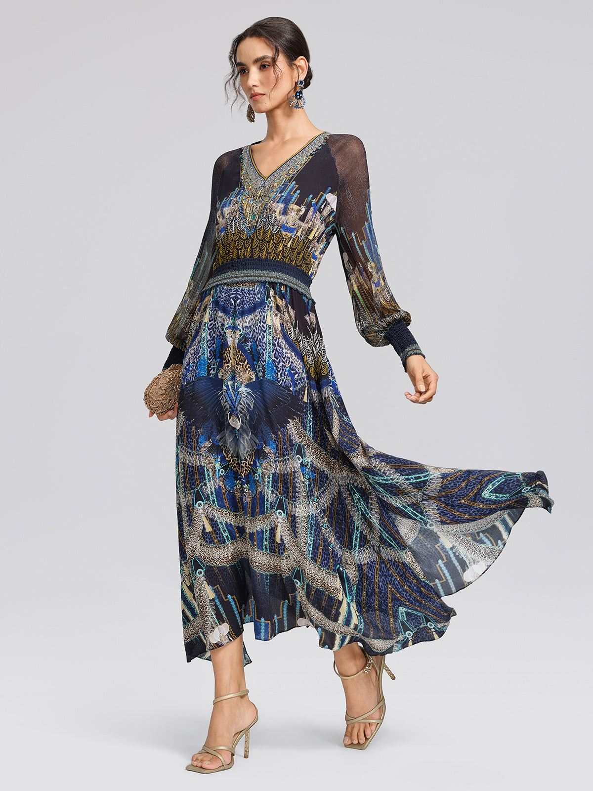 100% Silk Peacock Leopard Print Beaded Dress