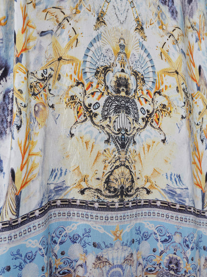 100% Silk Vintage Print Batwing Sleeve Dress(Waist Tie, Scrunchie & Headscarf Included)