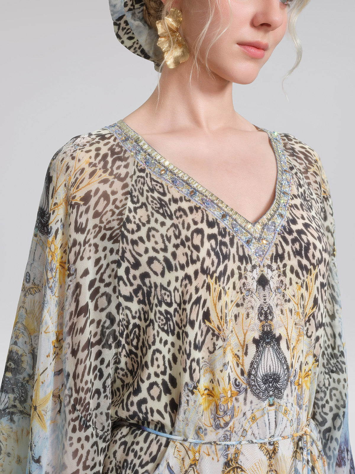 100% Silk Vintage Print Batwing Sleeve Dress(Waist Tie, Scrunchie & Headscarf Included)