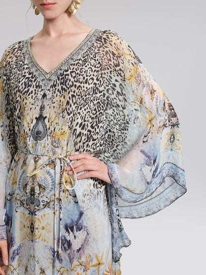 100% Silk Vintage Print Batwing Sleeve Dress(Waist Tie, Scrunchie & Headscarf Included)
